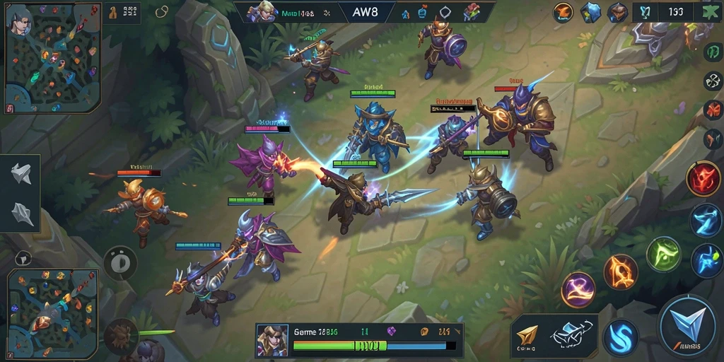 Screenshot gameplay AW8 menampilkan pertarungan seru antar hero.