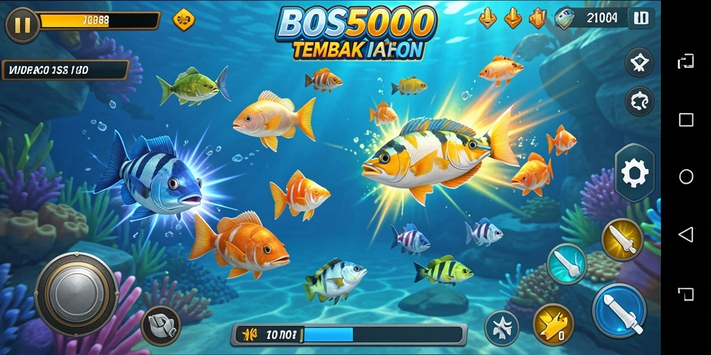 Screenshot gameplay <strong>BOS5000</strong> menampilkan pemain berburu ikan dengan senjata menarik.