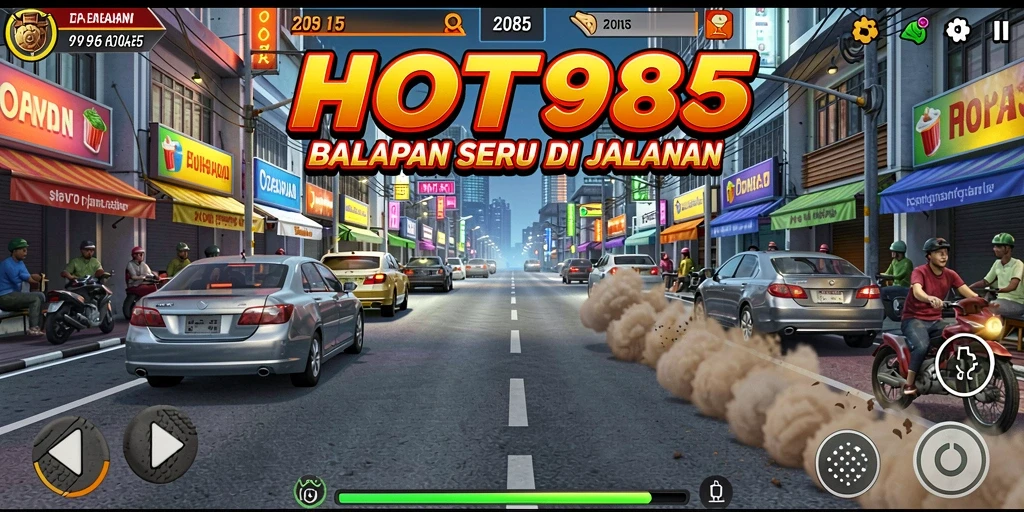 Screenshot gameplay HOT985 menampilkan aksi balapan yang intens dan mendebarkan.