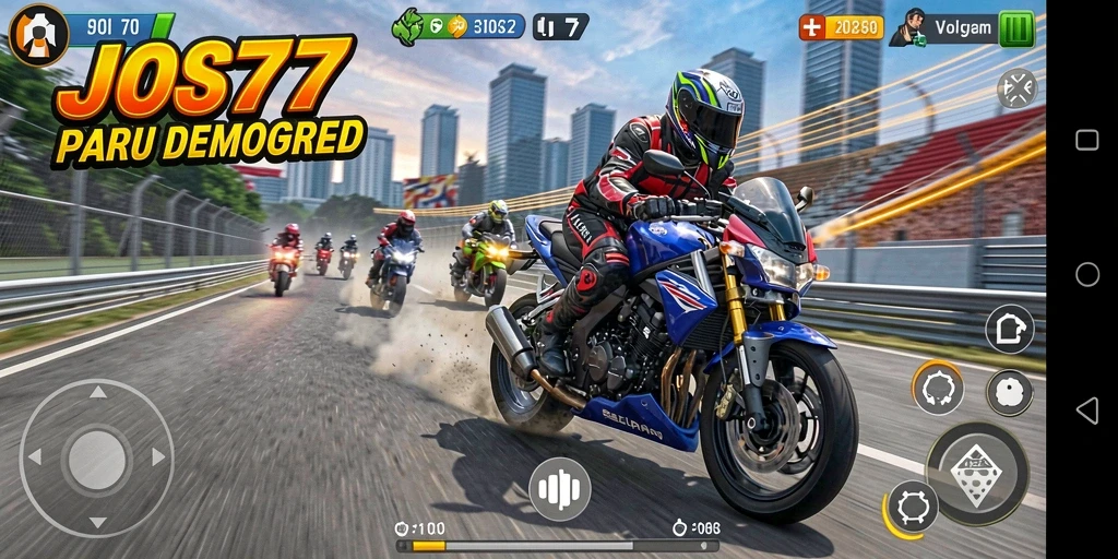 Screenshot menampilkan pengalaman balapan motor yang mendebarkan di JOS77.