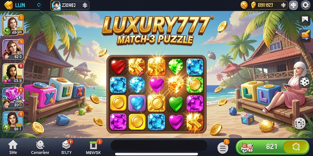Tangkapan layar permainan LUXURY777 menampilkan aksi Match-3 yang seru.