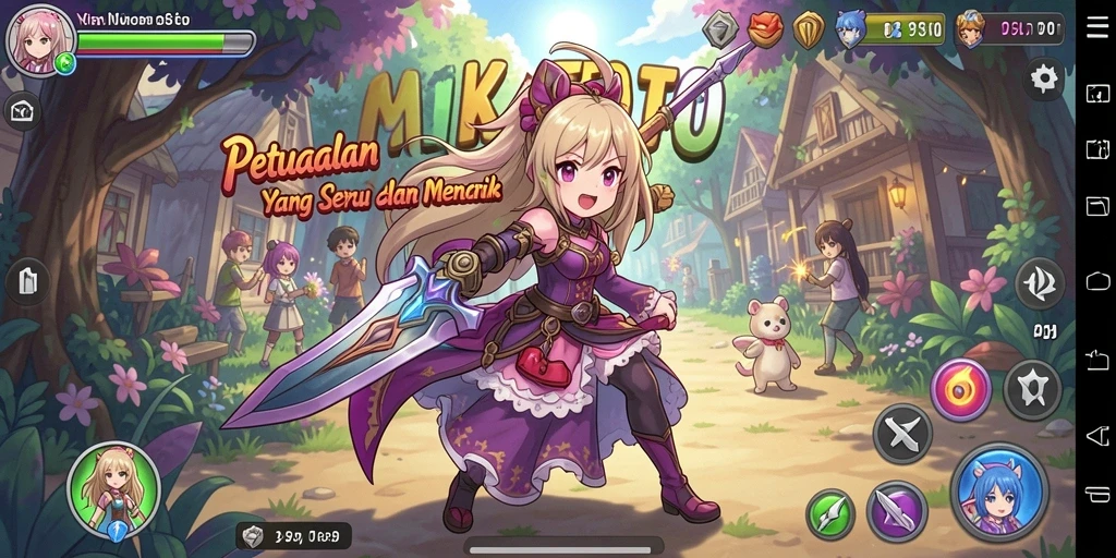 Screenshot gameplay MIKATOTO menampilkan aksi pertarungan anime yang seru.